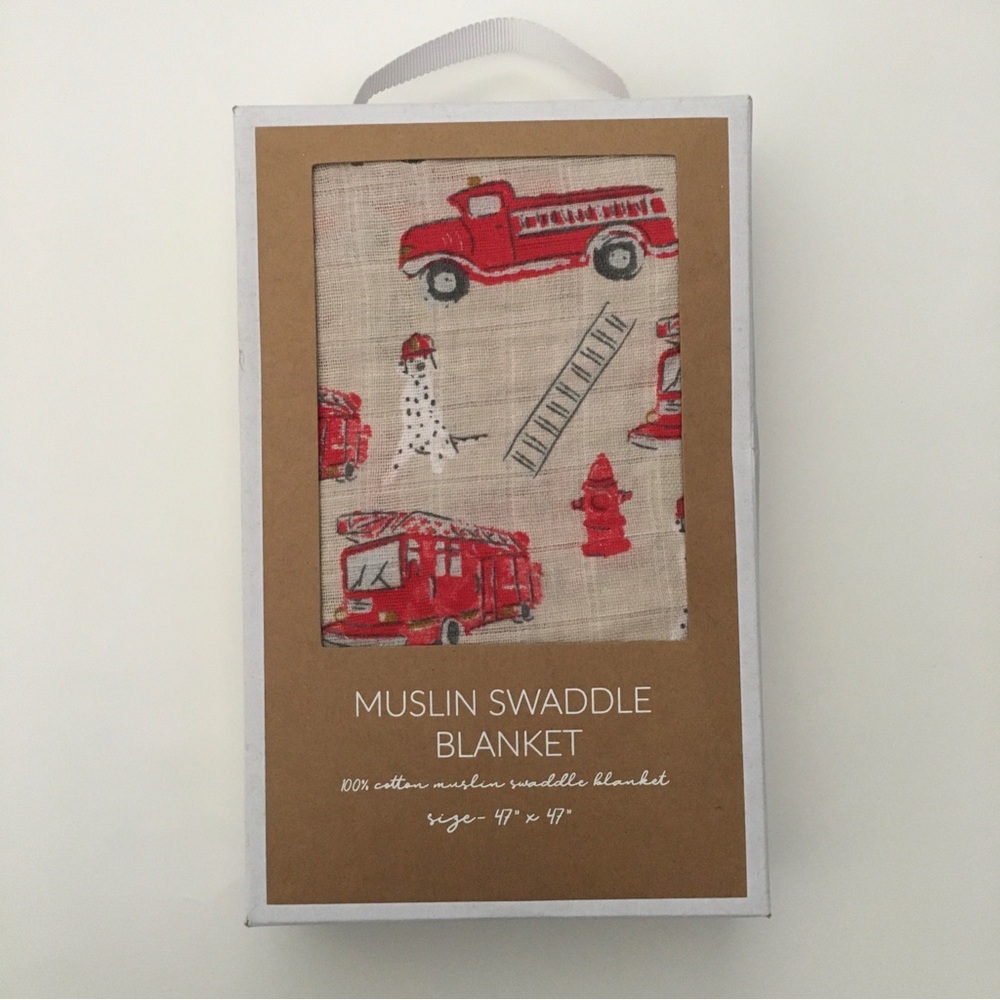Cotton Muslin Baby Blanket Red Fire Truck Theme Dalmatian 47x47” NEW | mudpie